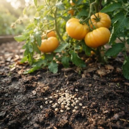 A small pile of seeds rests on dark soil in front of a tomato plant bearing yellow oblate fruits.