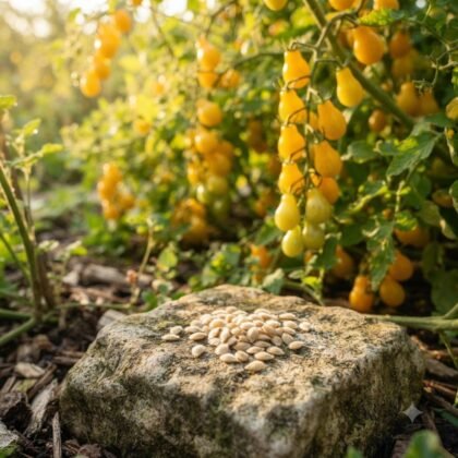 A pile of yellow pear tomato seeds resting on a stone with tomato plants in the background.
