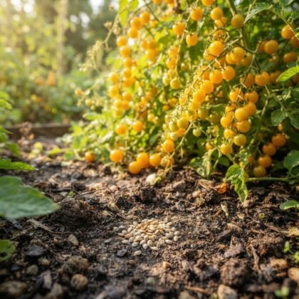 A pile of seeds rests on the soil in front of a sprawling tomato plant heavy with small golden fruits.