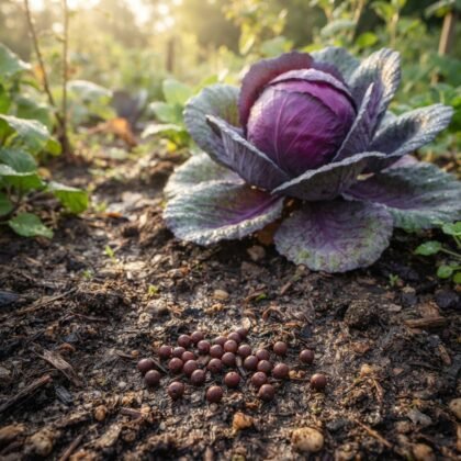 A mature red cabbage growing in a garden with a small pile of seeds on the soil in the foreground.