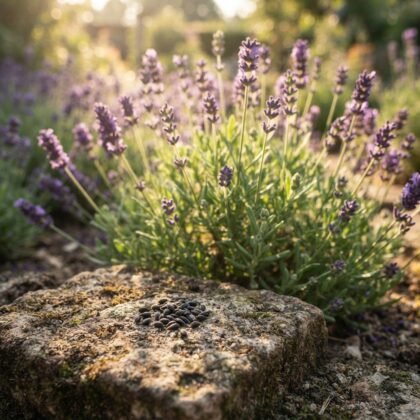 A small pile of dark seeds on a flat stone with blooming lavender plants in the background.