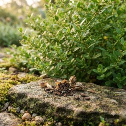 Henna seeds and open seed pods resting on a mossy rock in front of a leafy green plant.