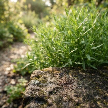 Small tarragon herb seeds rest on a mossy stone with a green plant and garden path in the background.