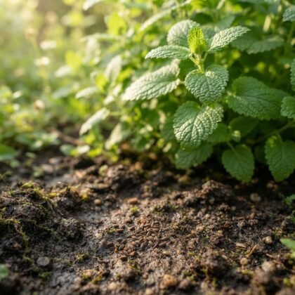 Lemon balm seeds scattered on dark soil near lush green plants growing in sunlight.