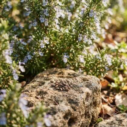 A small pile of rosemary seeds rests on a weathered rock in front of a blooming rosemary plant.