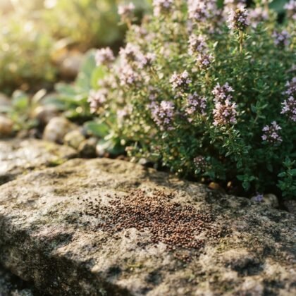 A pile of thyme herb seeds resting on a flat rock in front of a blooming thyme plant.