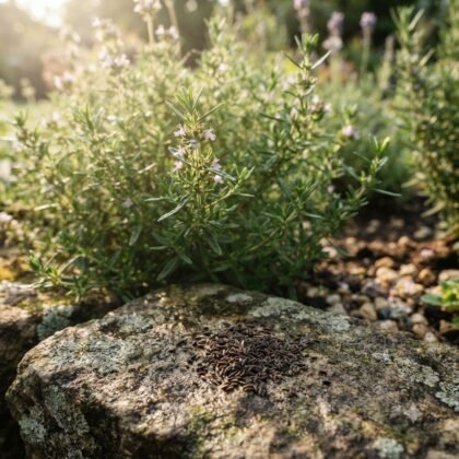 Small dark summer savory herb seeds clustered on a garden stone in front of growing plants.