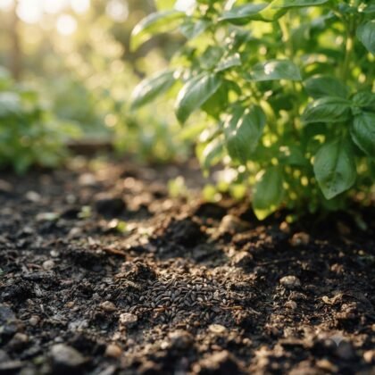 Small dark seeds resting on dark garden soil near a lush green basil plant.