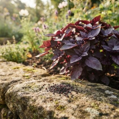 A small pile of dark seeds on a mossy stone wall, with a red basil plant growing behind it in a garden.