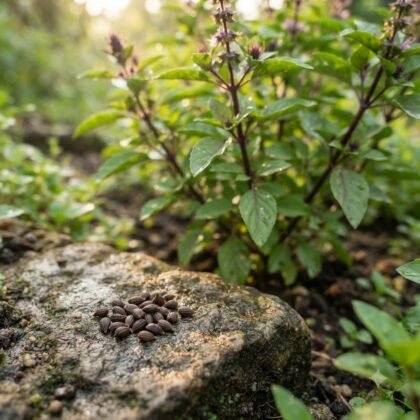 A small pile of Thai basil seeds resting on a garden stone in front of growing herb plants.