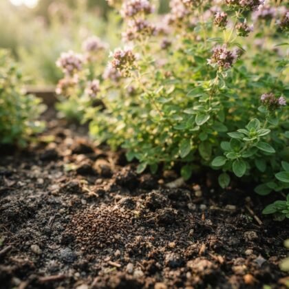 Oregano seeds piled on dark garden soil with a mature herb plant in the background.