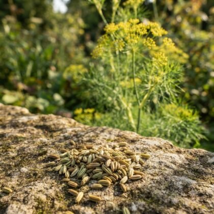 A pile of sweet fennel herb seeds resting on a stone surface with fennel plants in the background.