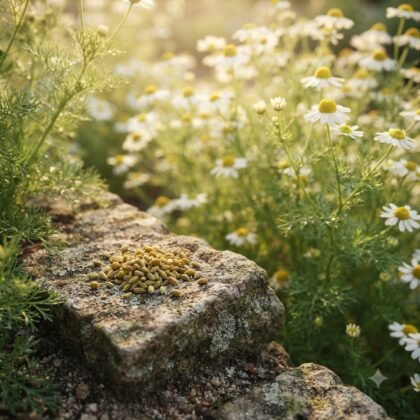 German chamomile herb seeds piled on a stone with blooming chamomile flowers in the background.