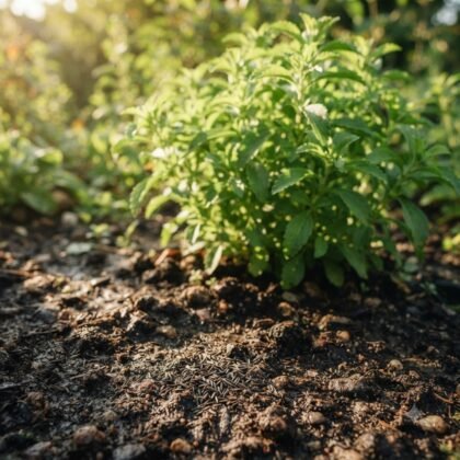 Stevia sweet leaves herb growing in a garden bed with visible soil and sunlight.
