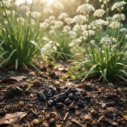 Garlic chives seeds scattered on dark soil with growing chive plants and white flowers in the background.