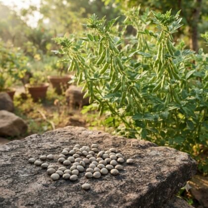 Cluster bean seeds scattered on a flat rock with cluster bean plants in the background.