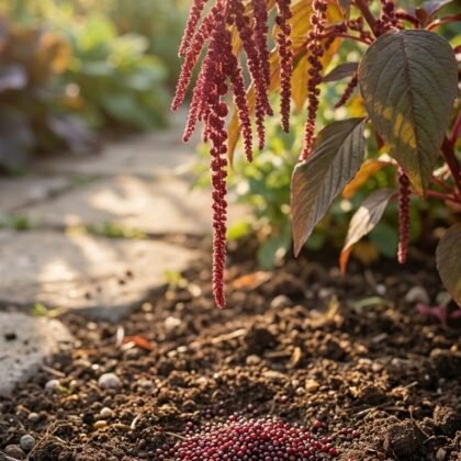 Red amaranthus plant with drooping seed tassels above a pile of small red seeds on garden soil.