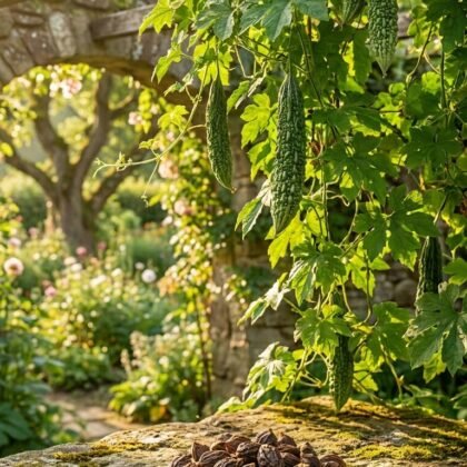 Long bitter gourds hanging on a leafy vine above a pile of seeds on a mossy stone wall.