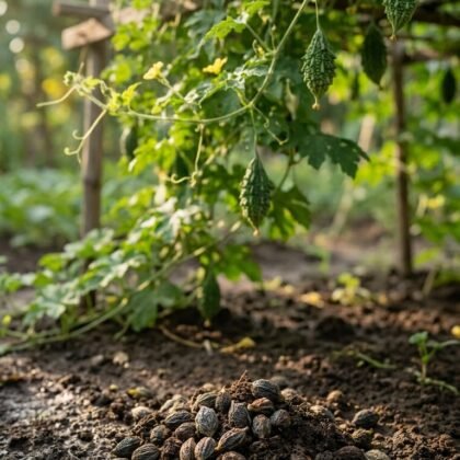 Small bitter gourds hanging from a trellis with seeds on the soil below.