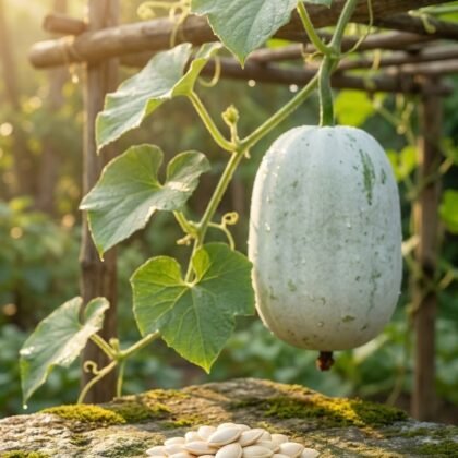 Ash gourd hanging on a trellis with its seeds displayed on a mossy stone below.