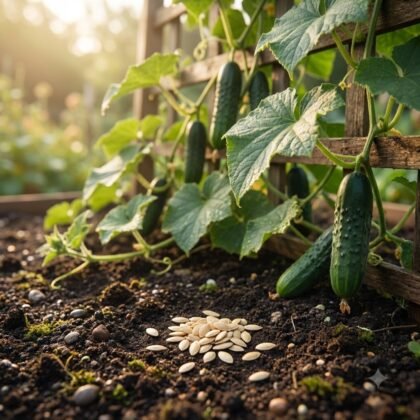 A pile of seeds rests on the soil beneath a trellis with growing cucumbers.