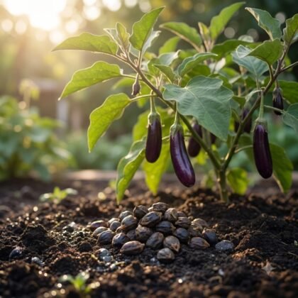Long purple brinjals growing on a plant with a pile of seeds in the soil below.