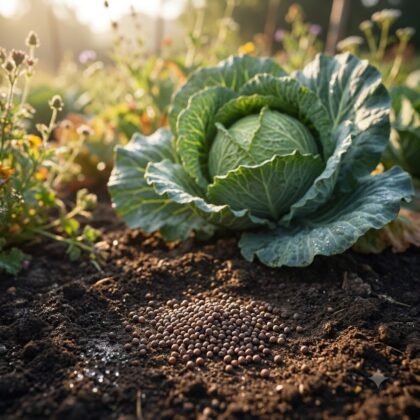A ripe cabbage growing in garden soil with a pile of seeds in the foreground.