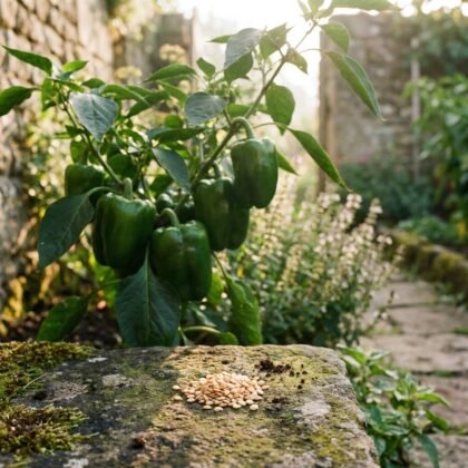 Green capsicum plant laden with peppers, with a pile of seeds on a mossy stone in the foreground.