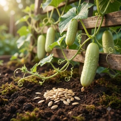 Light green cucumbers growing on a wooden trellis with a pile of seeds in the soil below.