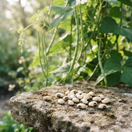 Pile of harvested Lobia cowpeas seeds on a stone surface with green plants in the background.