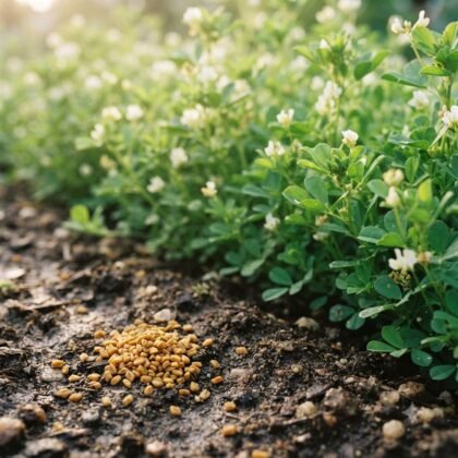 A small pile of methi seeds on soil with growing fenugreek plants in the background.