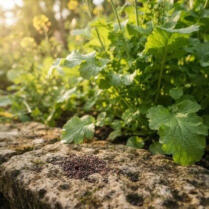 Small dark mustard seeds on a stone with mustard plants growing in the background.