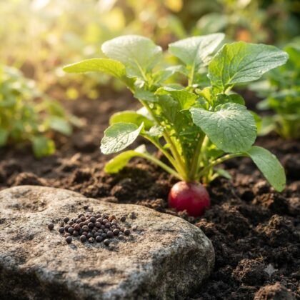 Radish seeds on a rock next to a growing radish plant in soil.