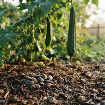 Ridge gourd seeds on the soil with ridge gourd plants growing in the background.