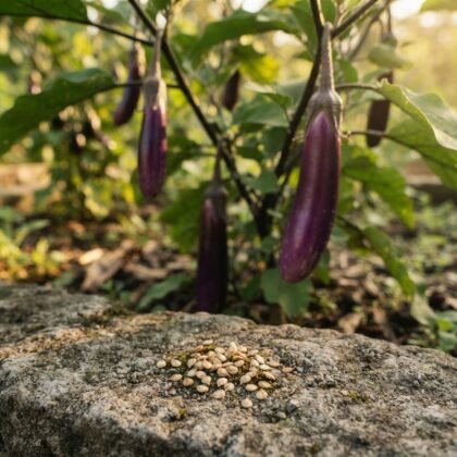 A pile of light-colored seeds on a stone surface with long purple hybrid brinjals growing on a plant in the background.