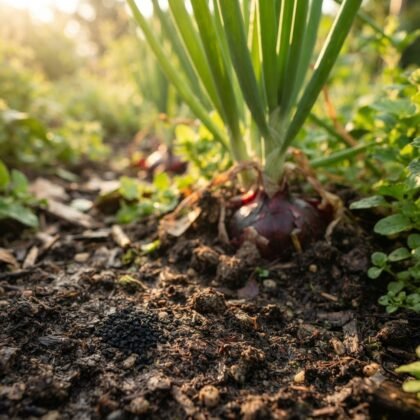 Growing Improved Gavran onions in soil with visible seeds in the foreground.