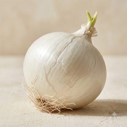 A single white onion with roots and a small green sprout on top.