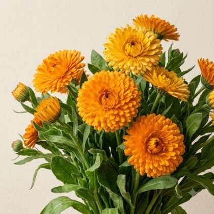 A vibrant bouquet of bright orange calendula flowers with lush green leaves.