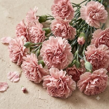 A bouquet of pink carnations with green stems lying on a neutral surface.