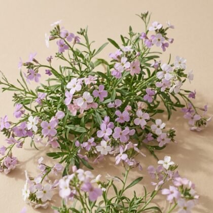 Cluster of small, delicate light purple and white flowers with green leaves on a beige background.