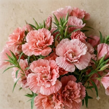 A lush bouquet of ruffled pink flowers with green stems against a neutral background.