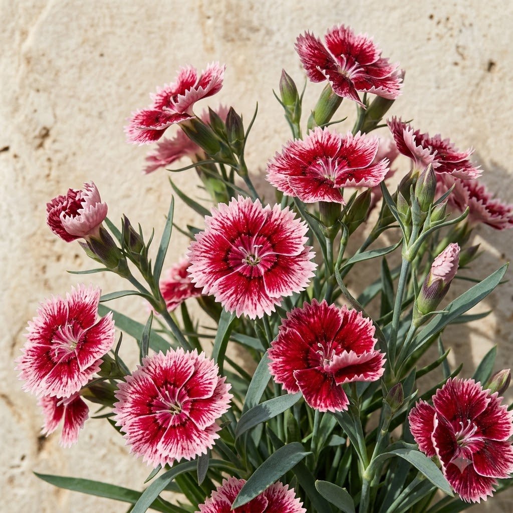 Close-up of pink and dark red dianthus flowers with fringed petals against a textured background.