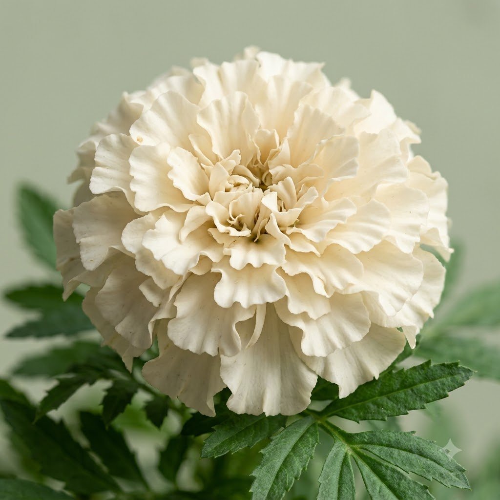 Close-up of a ruffled, pale cream-colored flower with dense petals, surrounded by green serrated leaves against a soft green