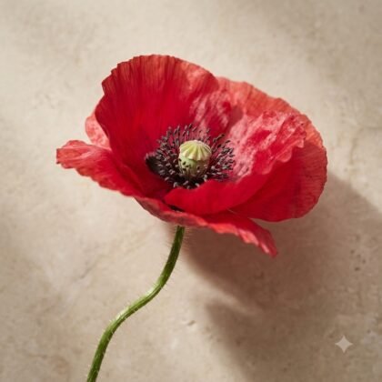 A single bright red poppy with dark stamens and a green seed pod on a textured neutral background.