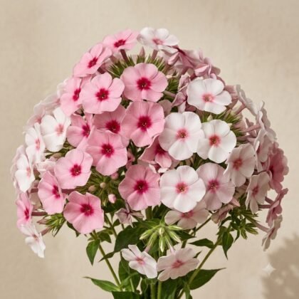 A dense cluster of pale pink and white phlox flowers featuring dark pink centers against a neutral background.