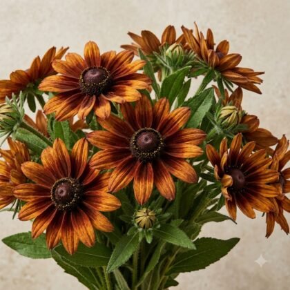A close-up bouquet of rust-brown daisy-like flowers with dark centers and green leaves.