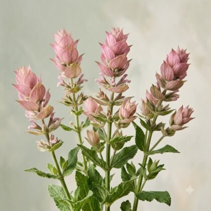 Close-up of tall pink flower spikes with layered bracts and green leaves against a light background.