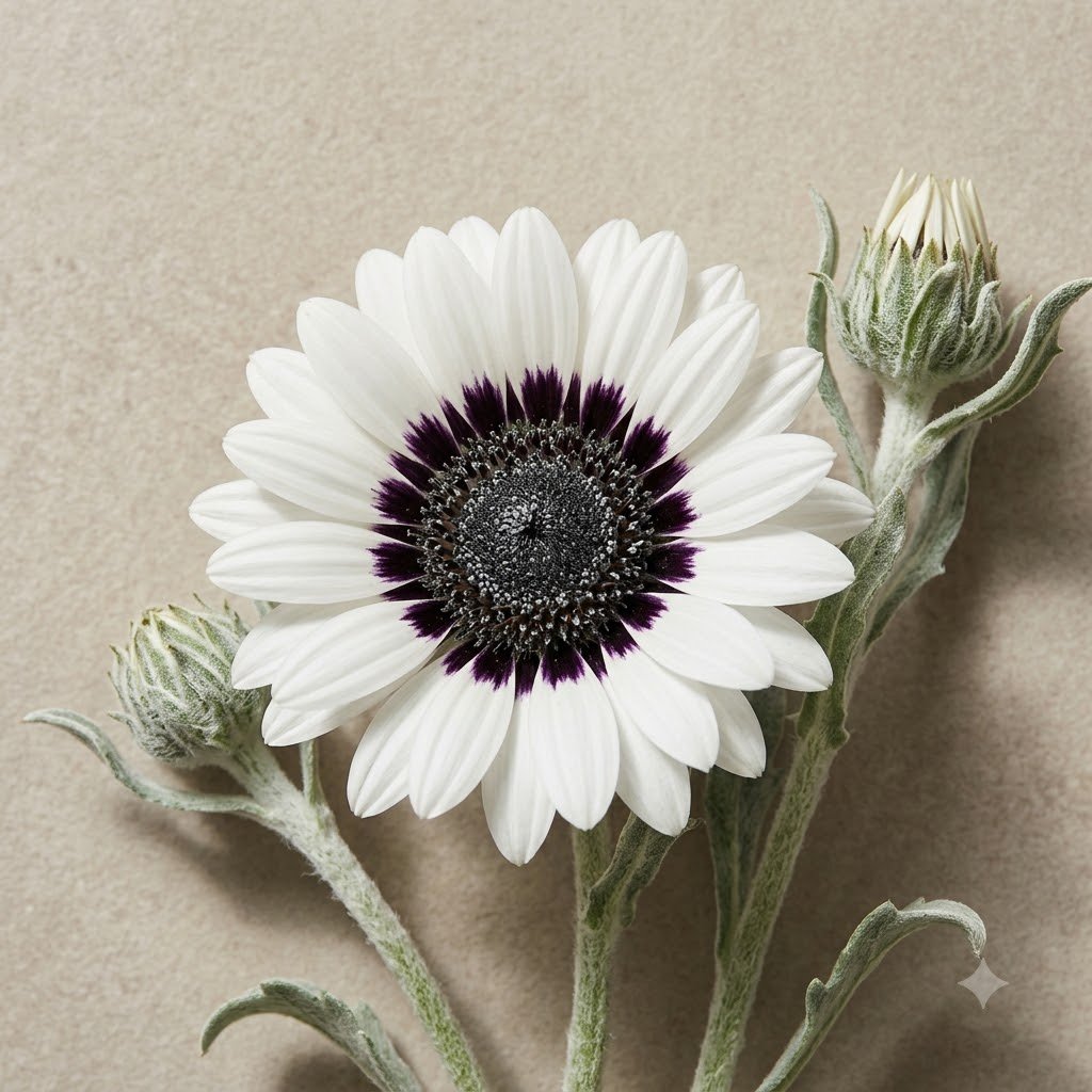 White flower with white petals and a dark purple and black center, flanked by two unopened buds on stems against a neutral