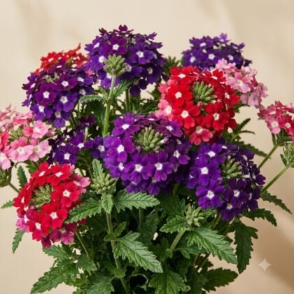 A vibrant arrangement of verbena flowers in shades of purple, red, and pink with green leaves against a neutral background.