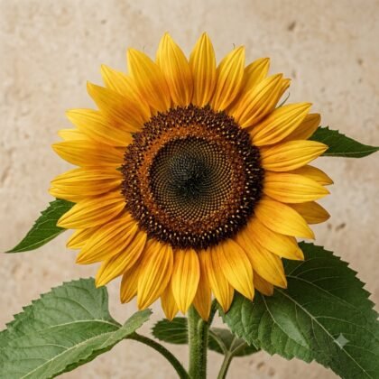 Close-up of a vibrant sunflower with bright yellow petals and a dark brown center, surrounded by green leaves against a